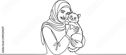 Arabian woman holding a cuddle funny cat in front of her chest. Happy woman stroking cat.one line vector illustration with white background.