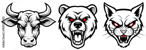 Εκτύπωση καμβά Fierce Bull, Bear, and Wildcat Animal Mascots ,graphic project requiring an intense and wild animal theme