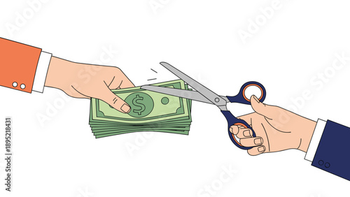Hand using large scissors to cut through a thick stack of hundred dollar bills in a metaphor for cost cutting or financial loss.