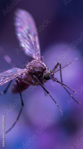 Ultra Detailed Macro Shot of Mosquito Flying with Purple Glow