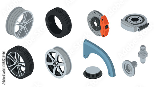 Isometric car parts collection with wheels, brakes, and accessories