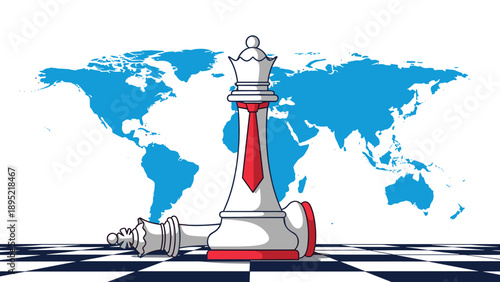 Dominant white chess queen with a red necktie standing victoriously over a fallen king on a board with a world map background.