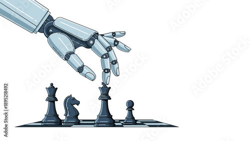 Advanced robotic arm playing chess and moving the king piece on a board as a demonstration of artificial intelligence and automation.