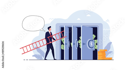 Determined businessman carrying a ladder toward a high security vault with multiple doors revealing stacks of cash and coins.