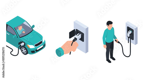 Isometric electric car charging concept with driver and charging station
