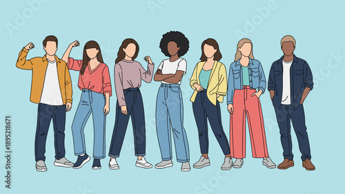 Diverse group of young men and women standing together in a line while wearing casual modern clothing against a plain background.