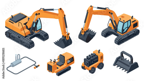 Heavy construction machinery in isometric style for industrial projects and equipment designs