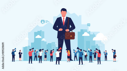 Powerful giant businessman standing tall in a city while being surrounded by a crowd of small people speaking through megaphones.