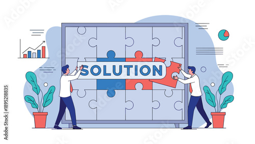 Business professionals placing a final puzzle piece labeled solution into a large board to complete a complex corporate task.