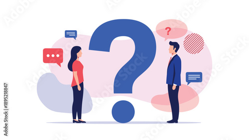 Man and woman standing on either side of a giant blue question mark while considering options and making important decisions.