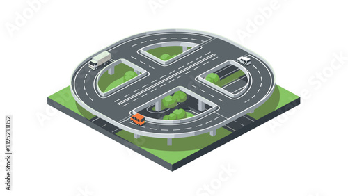 Isometric urban overpass with vehicles on green landscape