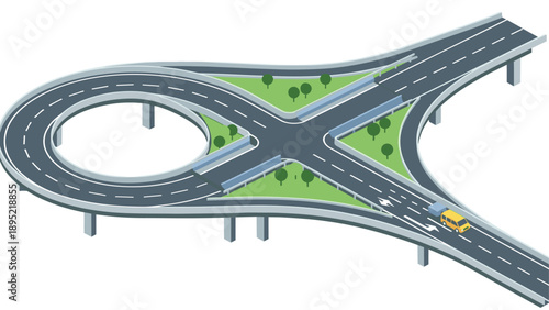 Isometric highway interchange with vehicle and green space