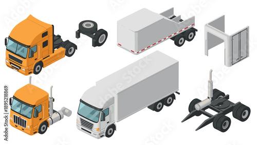 Isometric truck and trailer components set for commercial transport design