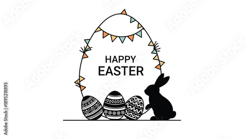 Decorative Easter greeting card featuring a large egg silhouette with festive banners, eggs, and a black bunny silhouette.