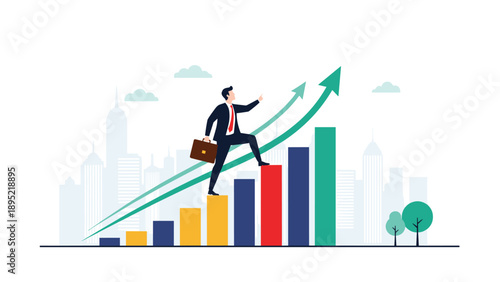 Successful businessman climbing a colorful bar graph that transforms into rising arrows pointing toward a city skyline.