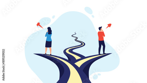 Man and woman standing at a crossroads in a landscape while considering different directions and future possibilities for their careers.