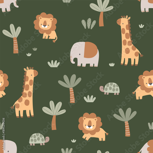 Cute Safari Animals Seamless Pattern for Nursery and Kids Textile, Scandinavian Style Vector Illustration