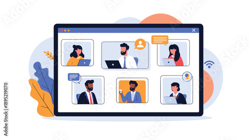 User interface of a group video conference with six diverse participants communicating through digital webcams for a remote meeting.