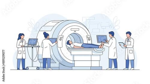 Specialized medical team preparing a patient for a diagnostic scan using an advanced MRI machine in a modern hospital facility.