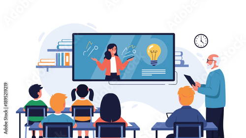 Professional classroom environment features an elderly instructor teaching young children using a large interactive digital presentation.