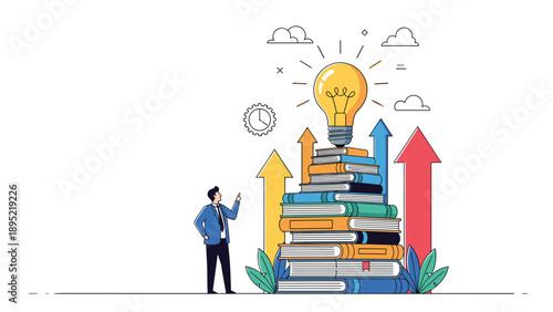 Determined businessman explores a massive stack of academic books topped with a bright lightbulb symbolizing knowledge and innovation.