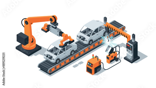 Isometric robotic assembly line with cars and industrial automation machines
