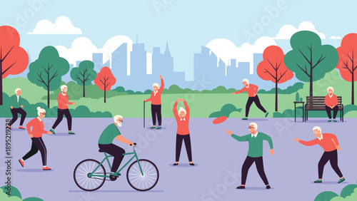 Group of energetic senior citizens engage in healthy outdoor exercise like cycling and jogging in a bright city park environment.