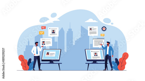 Professional recruitment concept features two men reviewing digital candidate profiles on computer screens over a city silhouette.