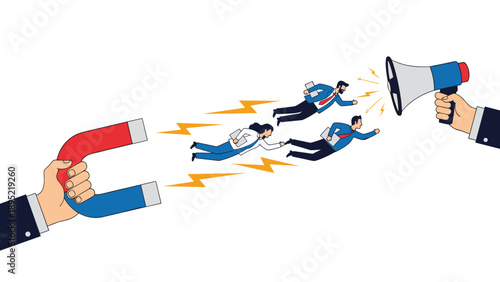 Hand holding a powerful magnet and another with a megaphone attract and direct office employees in this corporate influence concept.