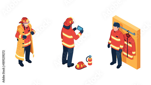 Isometric firefighters in action: gear, tablet, and uniform display