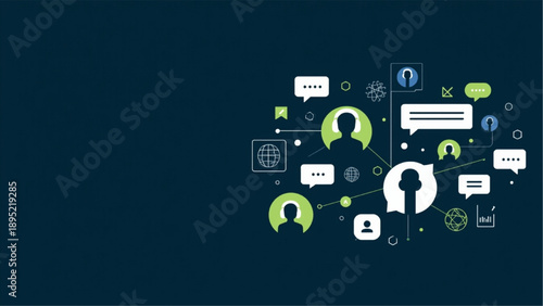 Digital communication icons and symbols surrounding profile silhouettes in a modern online community setting