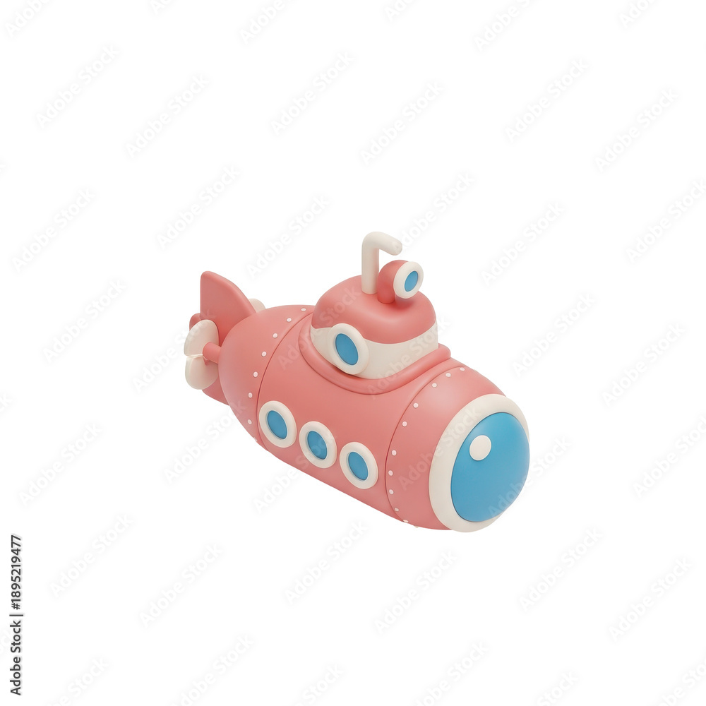 Obraz premium Cute pink toy submarine with blue windows and a periscope isolated on a white background.