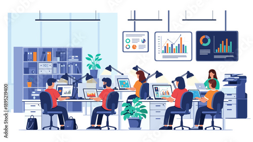 Modern workspace features several employees working diligently at desks equipped with multiple computer monitors showing data charts.