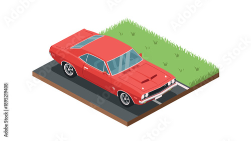 Vintage red muscle car parked on grass in isometric style
