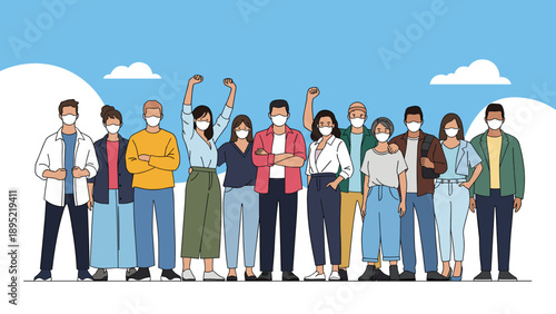 Large and diverse group of people stand together wearing protective face masks to ensure public health safety during a global crisis.
