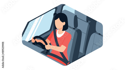 Woman driving car in minimalist hexagonal design on white background