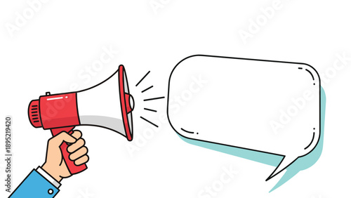 Hand holds a red and white megaphone next to a large blank speech bubble for custom announcements and important marketing messages.