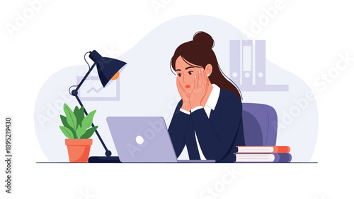 Overwhelmed office worker sits at her desk looking at a laptop screen with an expression of deep stress and professional burnout.