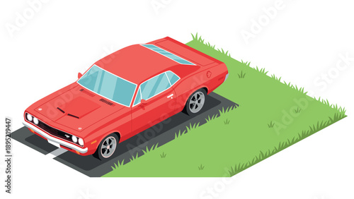 Classic red car in parking lot isometric illustration with grass