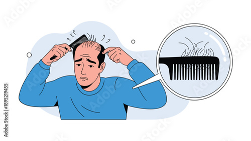 Concerned middle-aged man examines his thinning hair in front of a magnifying glass showing detailed hair loss on his scalp surface.