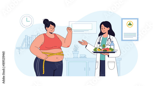 Professional female doctor offers a tray of healthy vegetables and water to a patient measuring her waist for weight management.