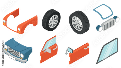 Isometric car parts collection: doors, wheels, bumpers, and more