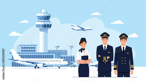 Professional airline crew including pilots and a flight attendant stand proudly in front of a modern airport terminal and airplanes.