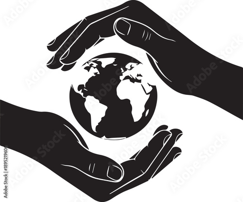 Hands holding earth globe vector silhouette illustration for global protection and charity