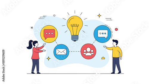 Two colleagues present various communication icons like mail and chat around a central glowing lightbulb to represent brainstorming.