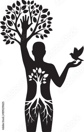 Human body silhouette merging with tree life symbolizing nature connection and growth