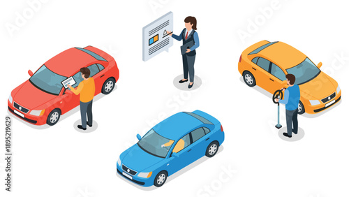 Isometric car maintenance concept with three people and colored vehicles