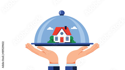 Hands hold a silver serving platter with a miniature red roofed house under a glass dome representing home protection and insurance.