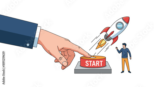 Giant hand presses a red start button to launch a spacecraft while a smaller man watches the powerful rocket take off into the sky.