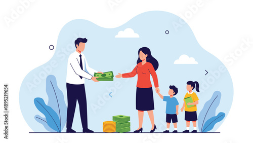 Businessman provides financial support to a mother with her children representing child benefits, insurance, or family assistance.